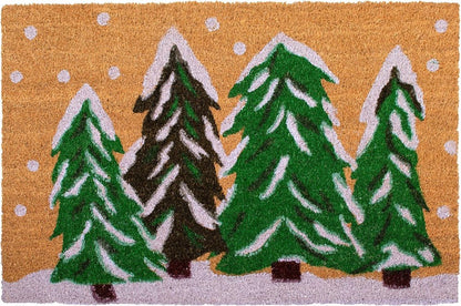 36" X 72" Brown Green And White Christmas Trees Outdoor Coir Door Mat