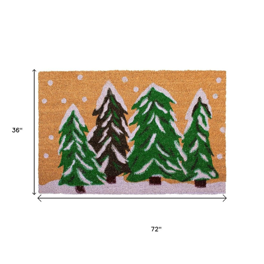 36" X 72" Brown Green And White Christmas Trees Outdoor Coir Door Mat