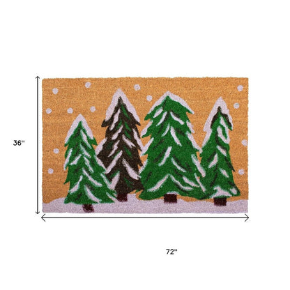 36" X 72" Brown Green And White Christmas Trees Outdoor Coir Door Mat