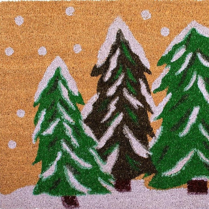 36" X 72" Brown Green And White Christmas Trees Outdoor Coir Door Mat