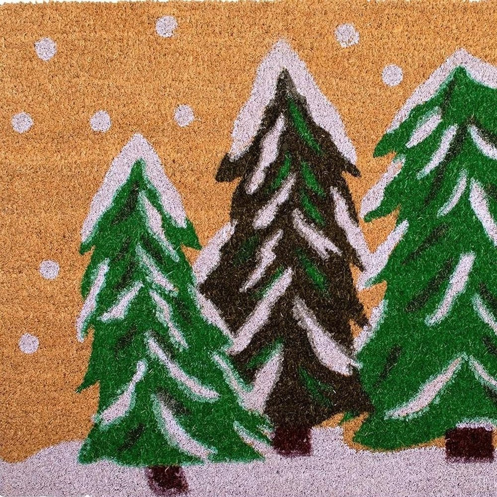 36" X 72" Brown Green And White Christmas Trees Outdoor Coir Door Mat