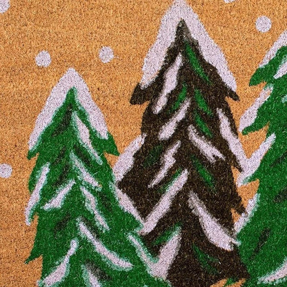 36" X 72" Brown Green And White Christmas Trees Outdoor Coir Door Mat