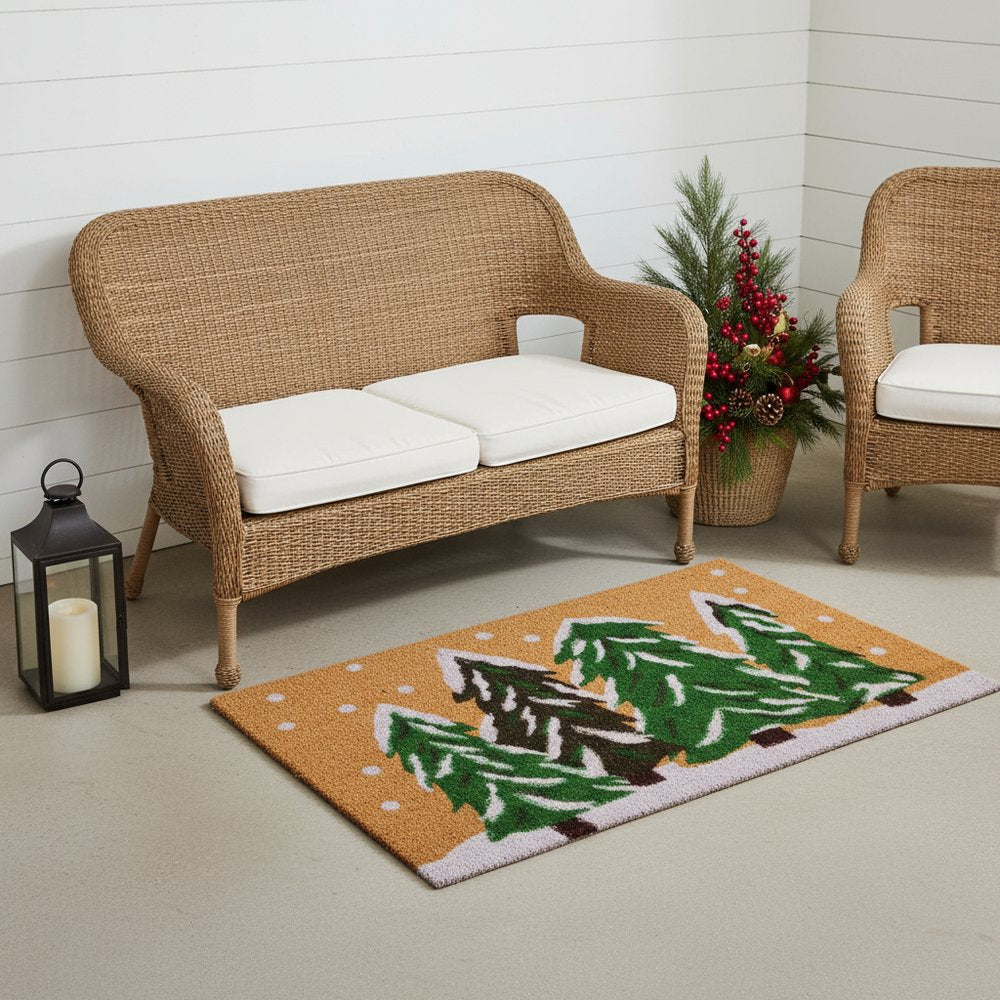 36" X 72" Brown Green And White Christmas Trees Outdoor Coir Door Mat