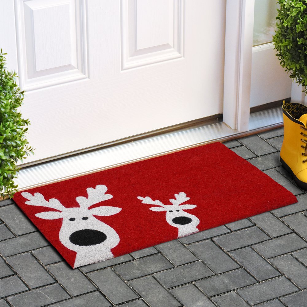 24" X 36" Red White And Black Christmas Reindeer Outdoor Coir Door Mat