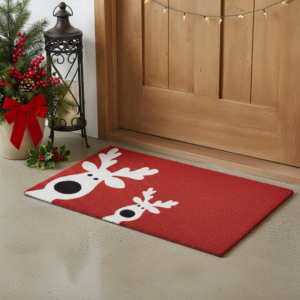 24" X 36" Red White And Black Christmas Reindeer Outdoor Coir Door Mat