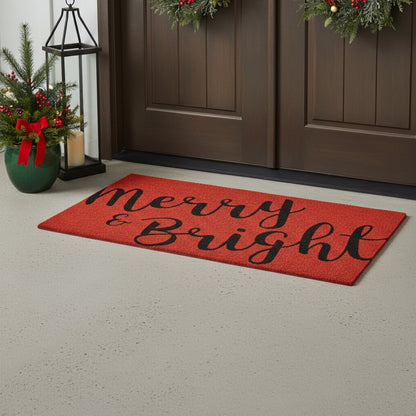 30" X 48" Red And Black Christmas Merry and Bright Outdoor Coir Door Mat