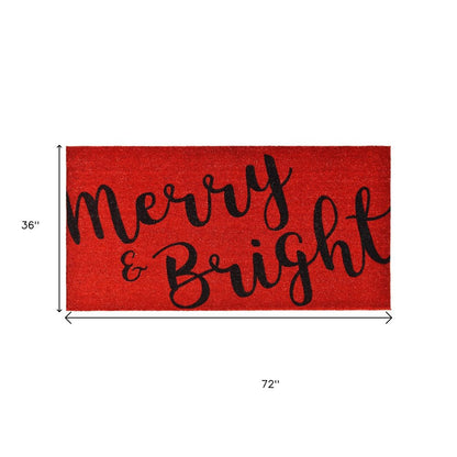 36" X 72" Red And Black Christmas Merry and Bright Outdoor Coir Door Mat