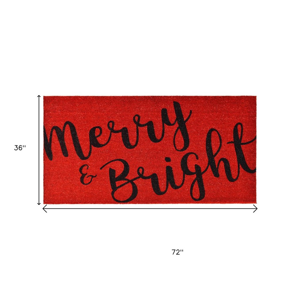 36" X 72" Red And Black Christmas Merry and Bright Outdoor Coir Door Mat