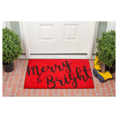 36" X 72" Red And Black Christmas Merry and Bright Outdoor Coir Door Mat