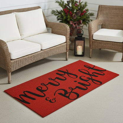 36" X 72" Red And Black Christmas Merry and Bright Outdoor Coir Door Mat