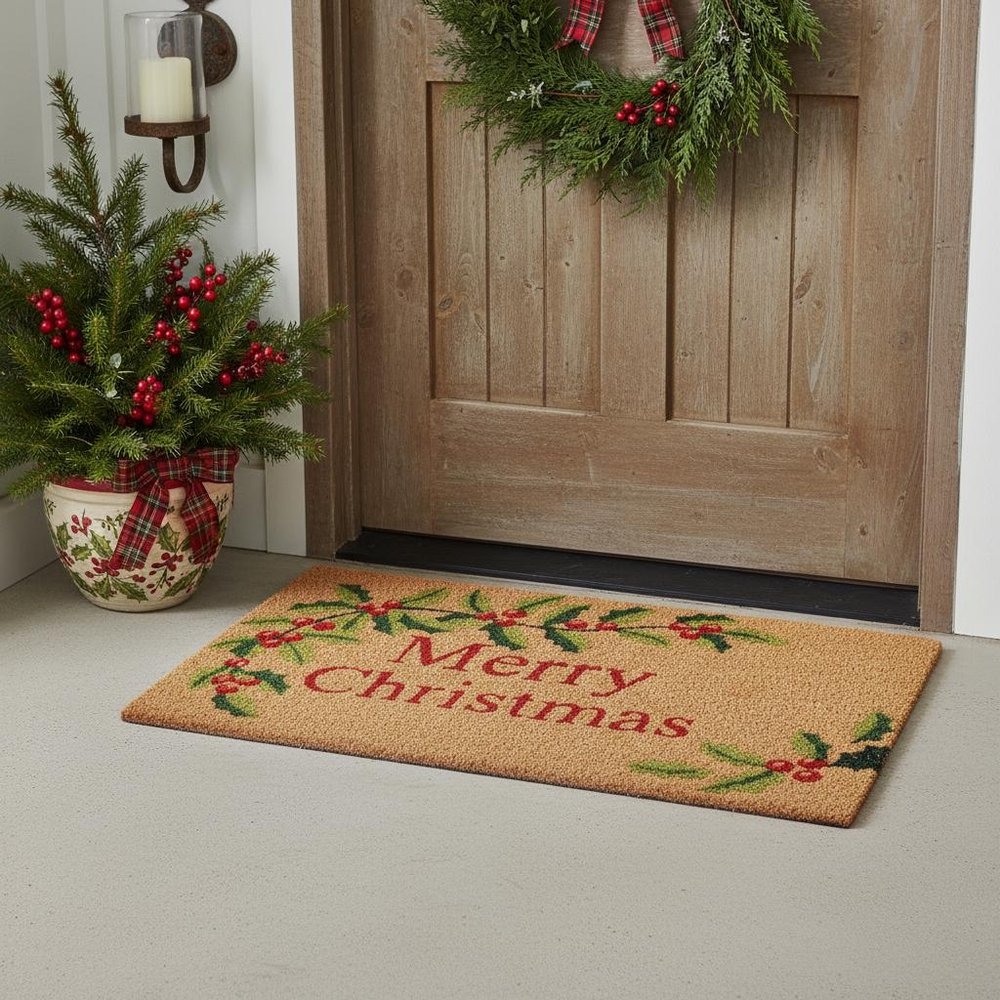17" X 29" Brown Red And Green Merry Christmas Outdoor Coir Door Mat