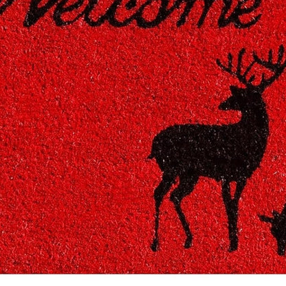 17" X 29" Red And Black Christmas Deer Welcome Outdoor Coir Door Mat