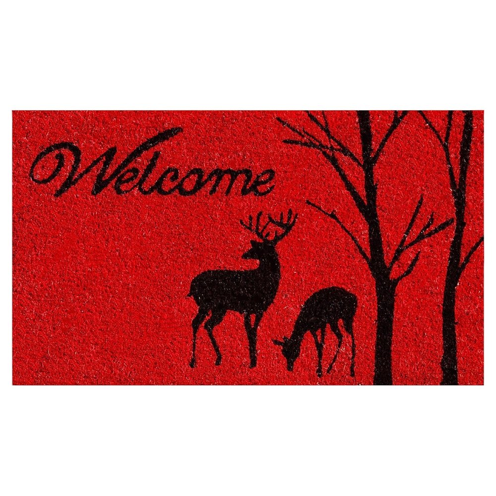 17" X 29" Red And Black Christmas Deer Welcome Outdoor Coir Door Mat