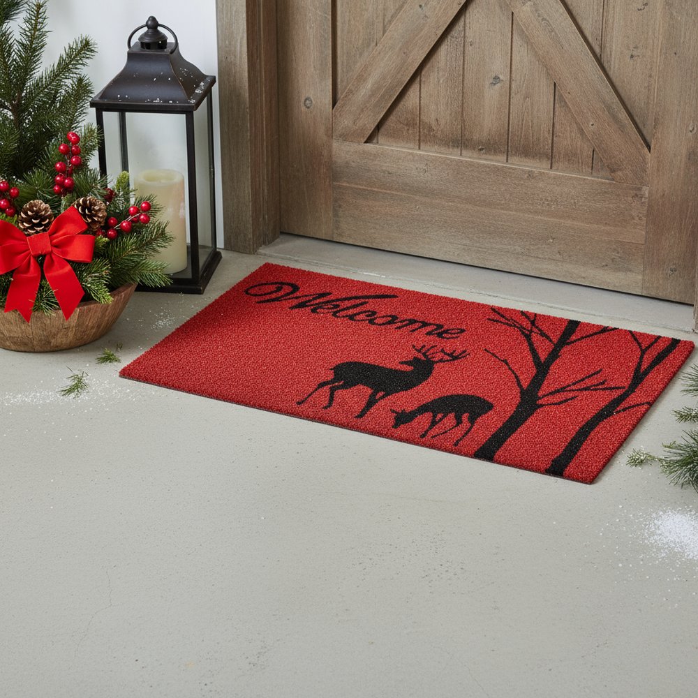 17" X 29" Red And Black Christmas Deer Welcome Outdoor Coir Door Mat
