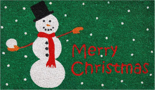17" X 29" Green White And Red Christmas Snowman Merry Christmas Outdoor Coir Door Mat