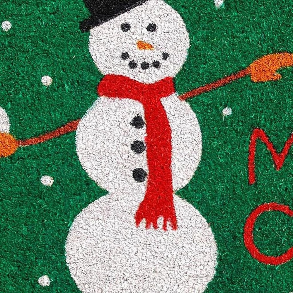 17" X 29" Green White And Red Christmas Snowman Merry Christmas Outdoor Coir Door Mat