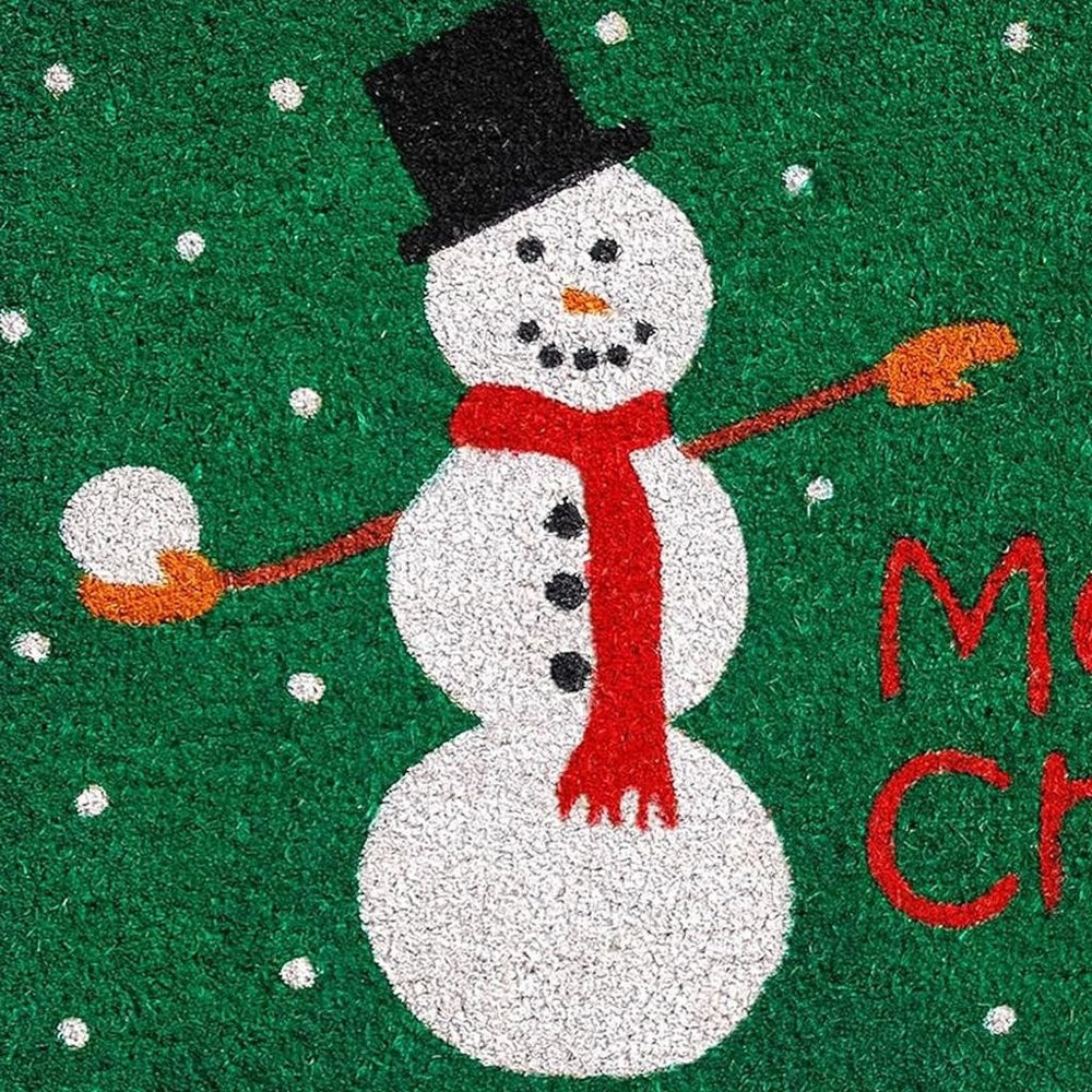17" X 29" Green White And Red Christmas Snowman Merry Christmas Outdoor Coir Door Mat