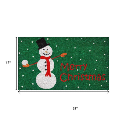 17" X 29" Green White And Red Christmas Snowman Merry Christmas Outdoor Coir Door Mat