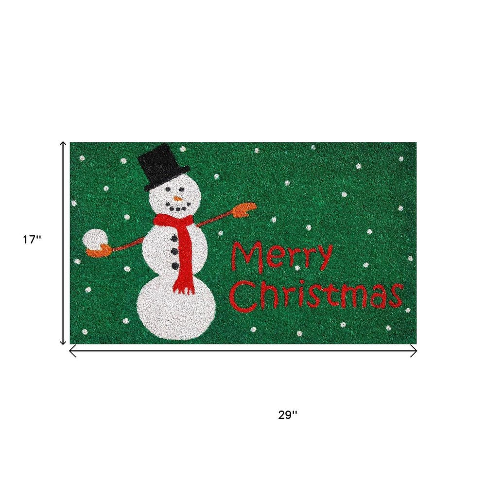 17" X 29" Green White And Red Christmas Snowman Merry Christmas Outdoor Coir Door Mat