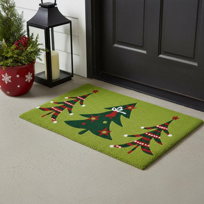 17" X 29" Green And Red Christmas Trees Outdoor Coir Door Mat