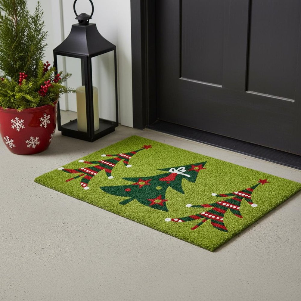 24" X 36" Green And Red Christmas Trees Outdoor Coir Door Mat