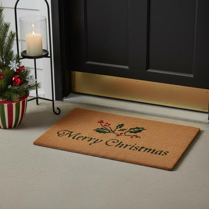 17" X 29" Brown And Dark Green Christmas Merry Christmas Outdoor Coir Door Mat