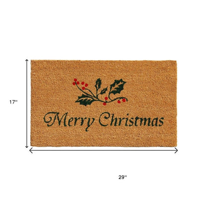17" X 29" Brown And Dark Green Christmas Merry Christmas Outdoor Coir Door Mat