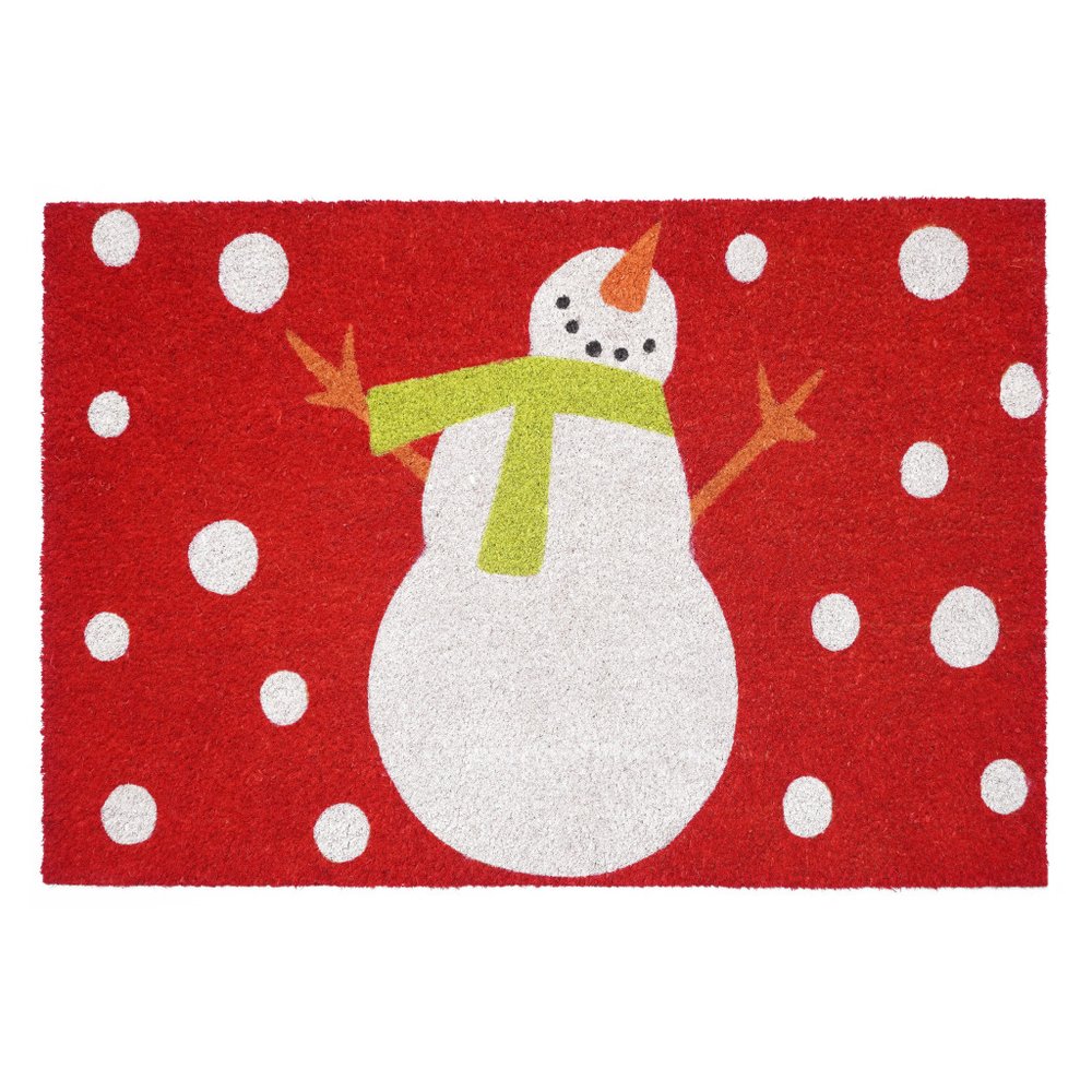 17" X 29" Red And Christmas Snowman Outdoor Coir Door Mat