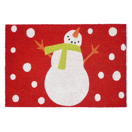 17" X 29" Red And Christmas Snowman Outdoor Coir Door Mat