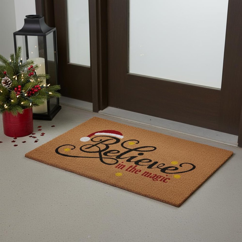 17" X 29" Brown Black And Red Christmas Believe Outdoor Coir Door Mat