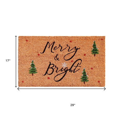 17" X 29" Brown Black And Green Christmas Merry and Bright Outdoor Coir Door Mat