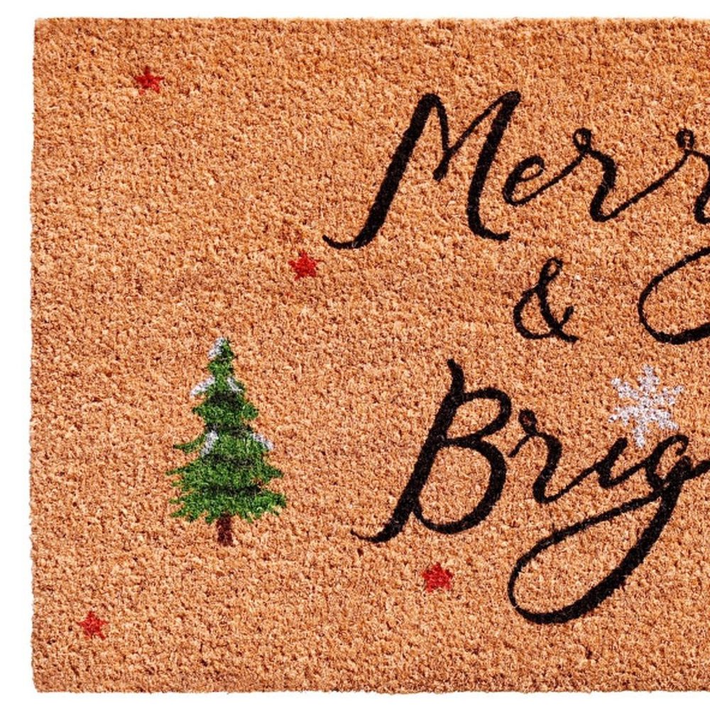 17" X 29" Brown Black And Green Christmas Merry and Bright Outdoor Coir Door Mat