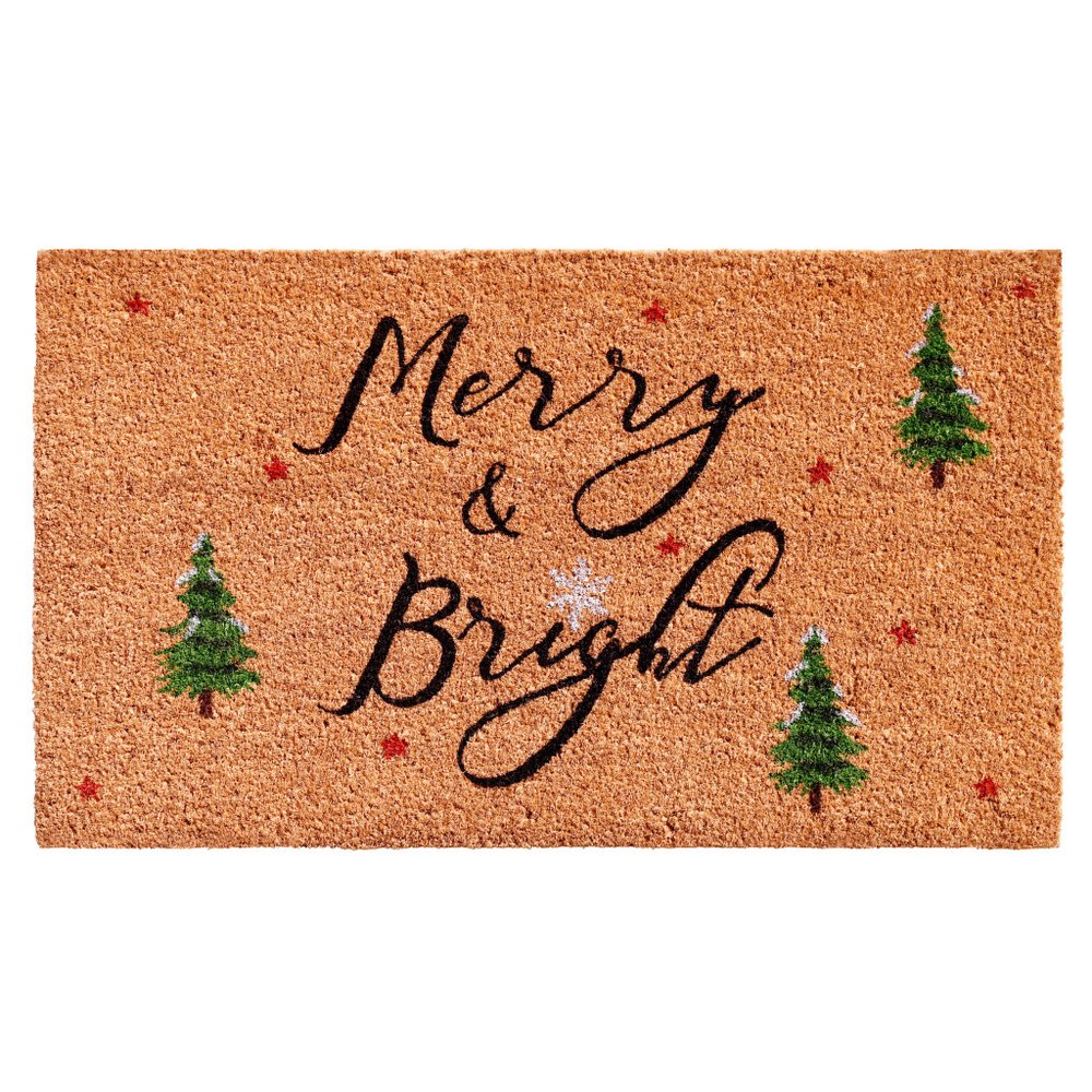 30" X 48" Brown Black And Green Christmas Merry and Bright Outdoor Coir Door Mat