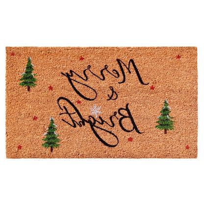30" X 48" Brown Black And Green Christmas Merry and Bright Outdoor Coir Door Mat