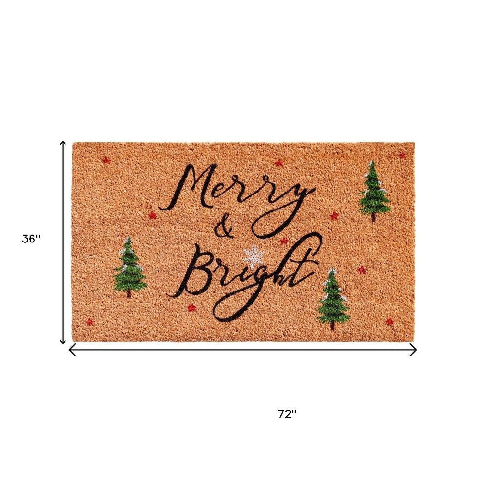36" X 72" Brown Black And Green Christmas Merry and Bright Outdoor Coir Door Mat