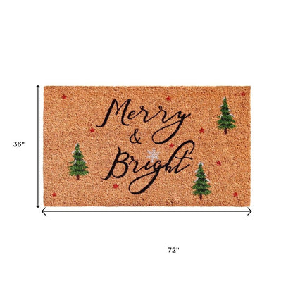 36" X 72" Brown Black And Green Christmas Merry and Bright Outdoor Coir Door Mat