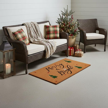 36" X 72" Brown Black And Green Christmas Merry and Bright Outdoor Coir Door Mat