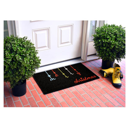 17" X 29" Black Red And Blue Merry Christmas Outdoor Coir Door Mat