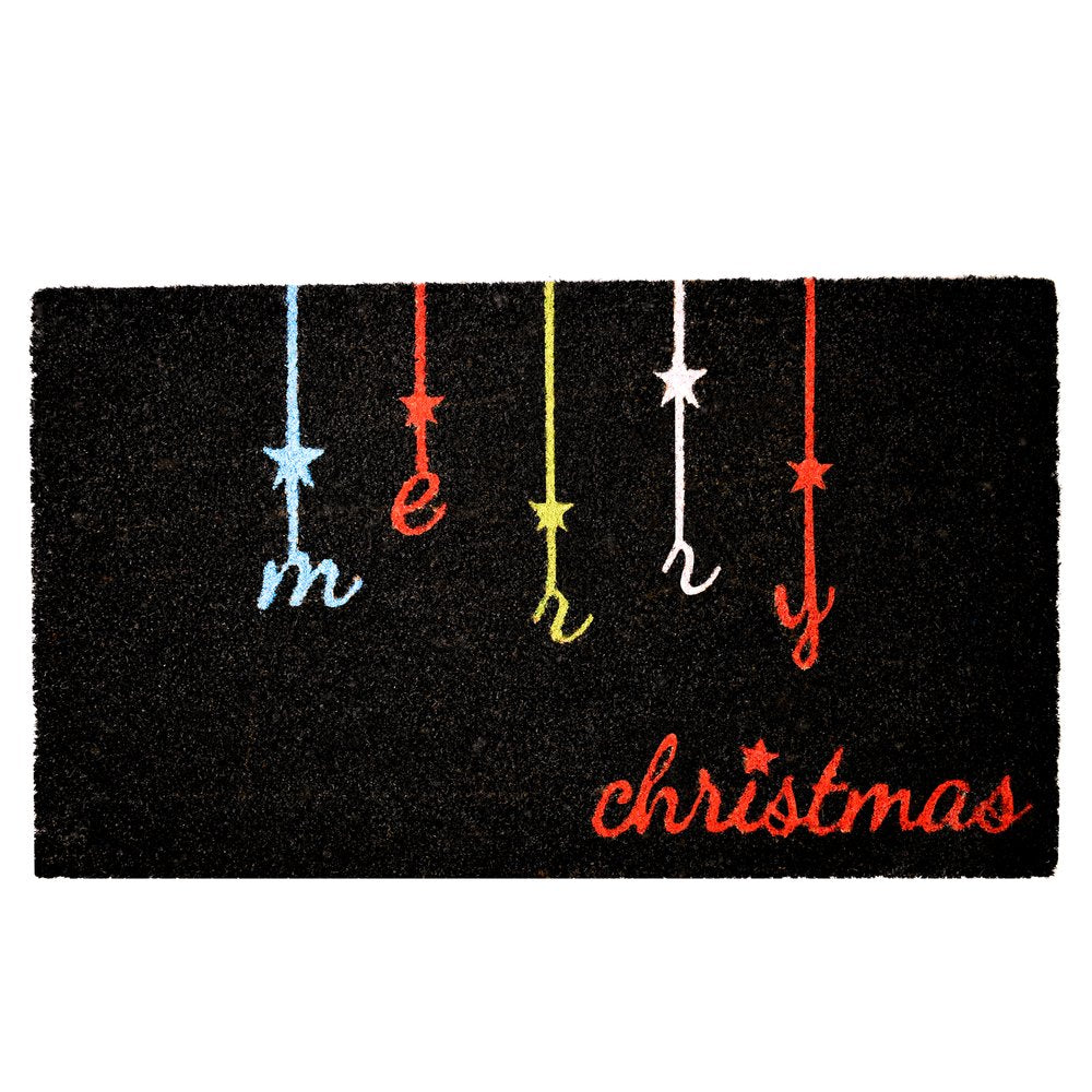 17" X 29" Black Red And Blue Merry Christmas Outdoor Coir Door Mat