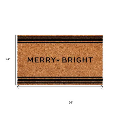 24" X 36" Brown And Black Christmas Merry and Bright Outdoor Coir Door Mat