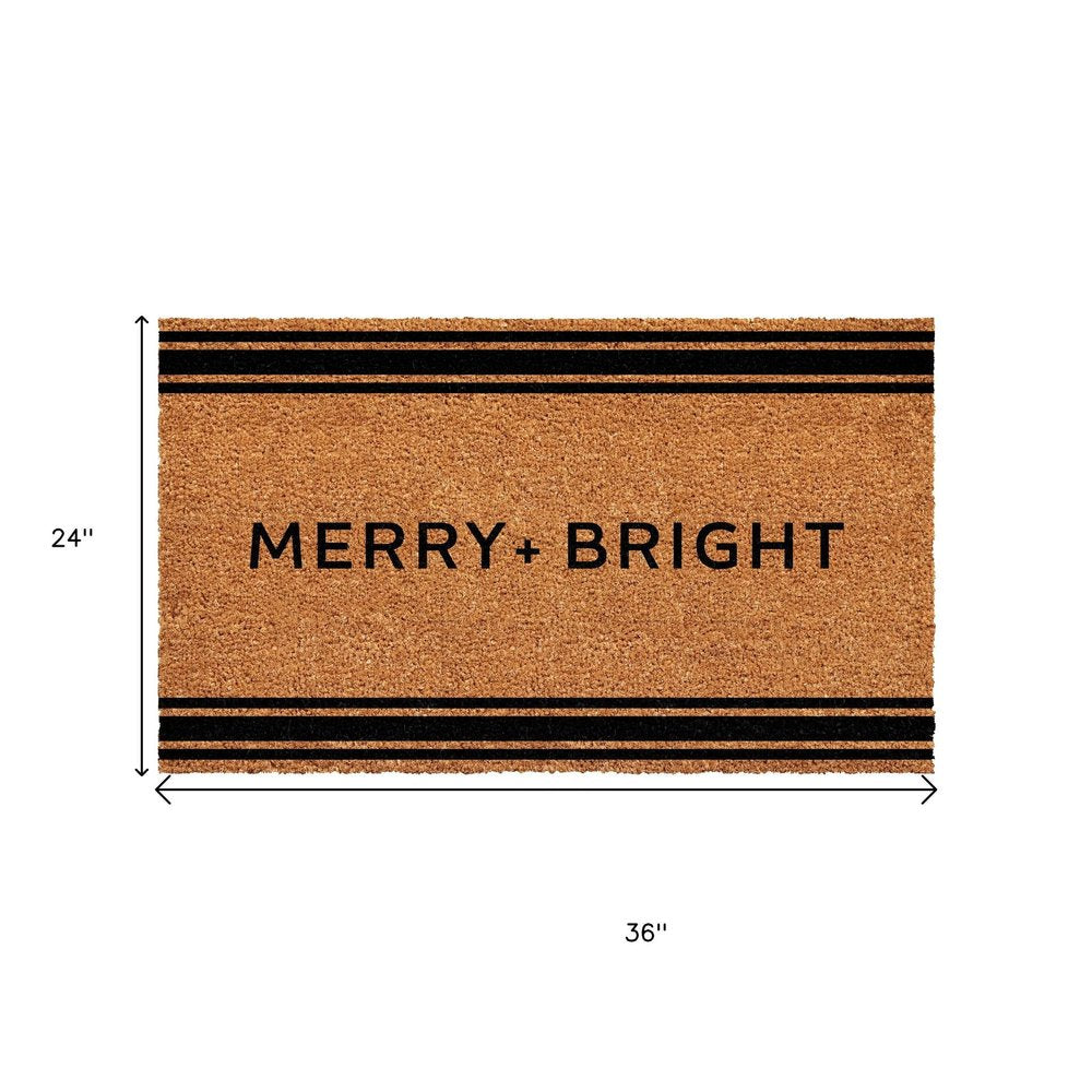 24" X 36" Brown And Black Christmas Merry and Bright Outdoor Coir Door Mat