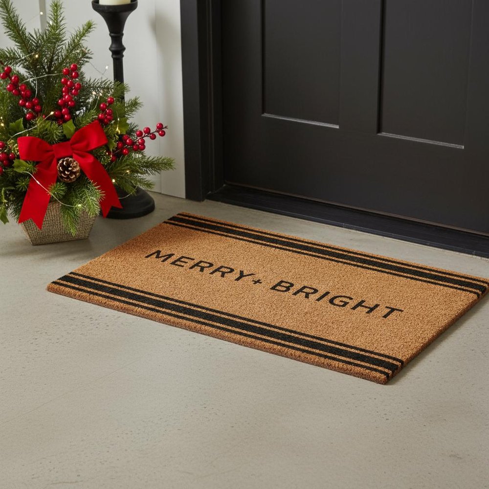 24" X 36" Brown And Black Christmas Merry and Bright Outdoor Coir Door Mat
