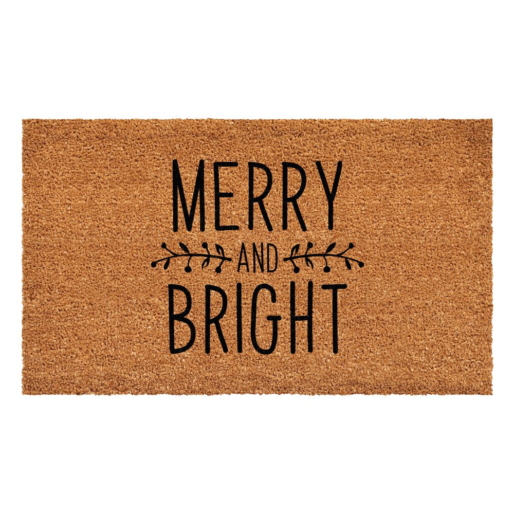 17" X 29" Brown And Black Christmas Merry and Bright Outdoor Coir Door Mat