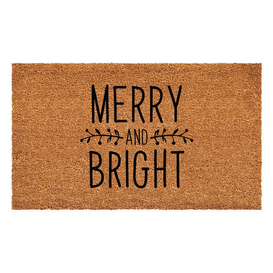 17" X 29" Brown And Black Christmas Merry and Bright Outdoor Coir Door Mat