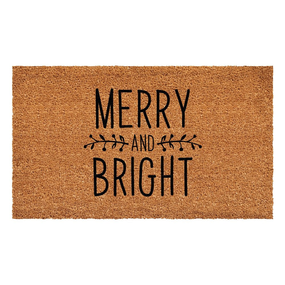 17" X 29" Brown And Black Christmas Merry and Bright Outdoor Coir Door Mat