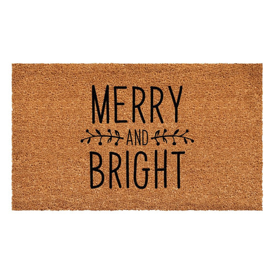 17" X 29" Brown And Black Christmas Merry and Bright Outdoor Coir Door Mat