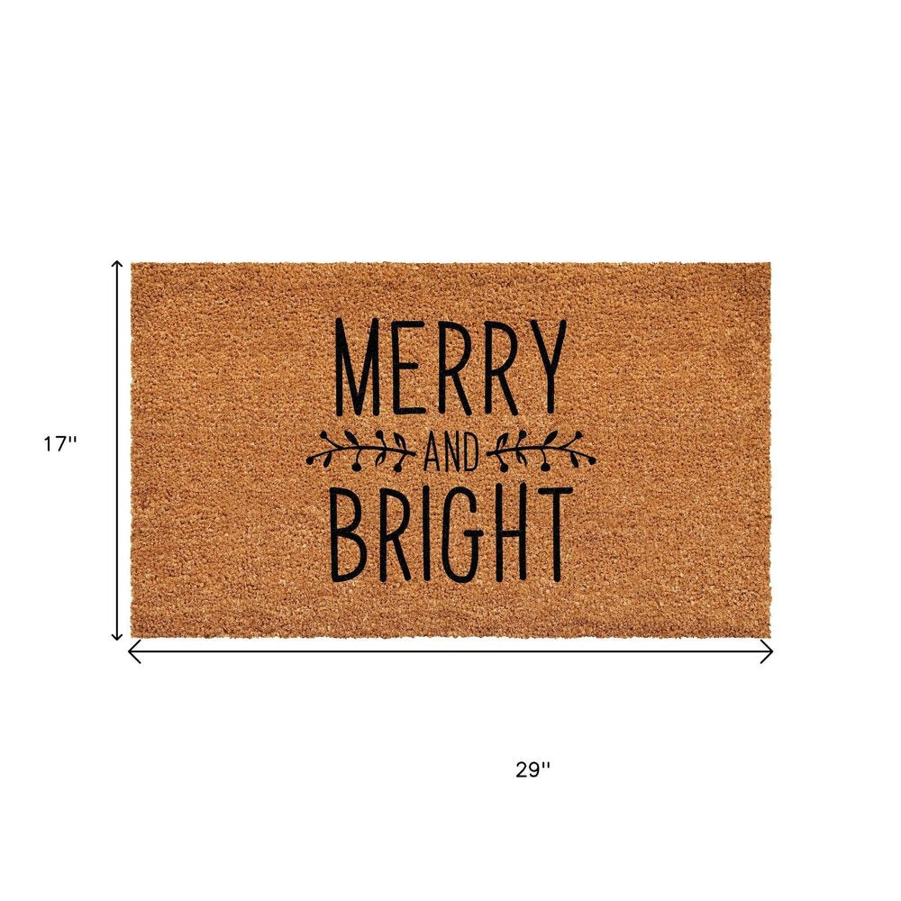 17" X 29" Brown And Black Christmas Merry and Bright Outdoor Coir Door Mat
