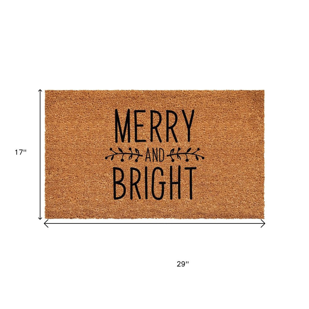 17" X 29" Brown And Black Christmas Merry and Bright Outdoor Coir Door Mat