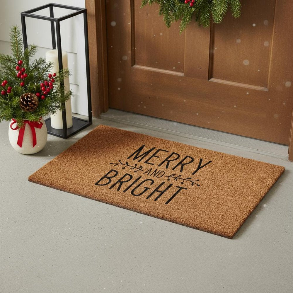 17" X 29" Brown And Black Christmas Merry and Bright Outdoor Coir Door Mat