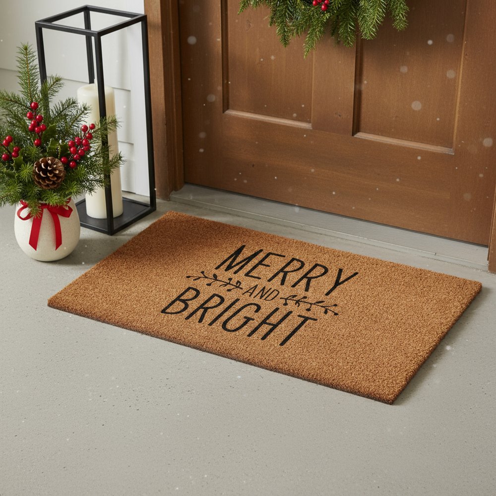 17" X 29" Brown And Black Christmas Merry and Bright Outdoor Coir Door Mat